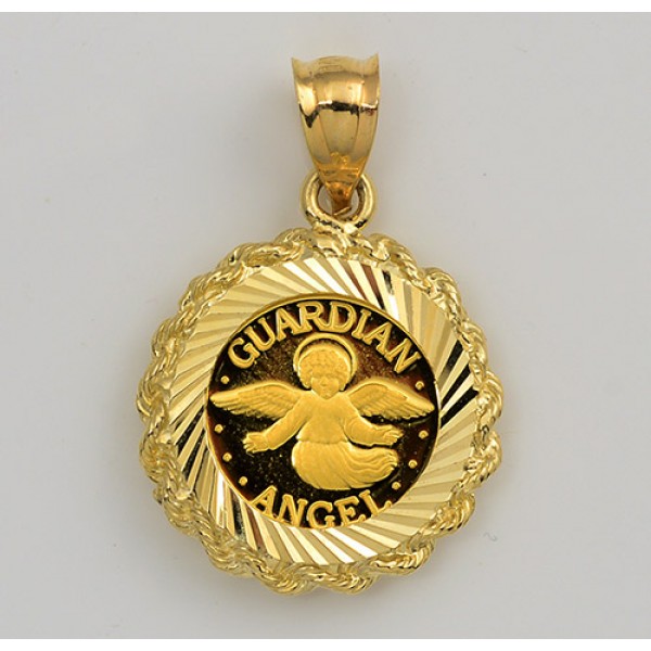 PURE  .9999 GOLD GUARDIAN ANGEL COIN in 14KT GOLD DIAMOND-CUT ROPE PENDANT